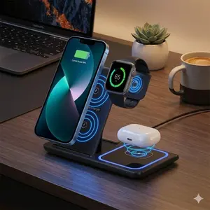 15W 3-in-1 Magnetic Wireless Charging Station for iPhone, Smartphone, iWatch, AirPods, Samsung. Fast Bedside Charger, Portable & Energy-Saving. Home Office Charging Solution.