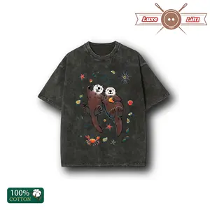 Water-Washed, Ocean Play Sea Otter Printed T-Shirt, High-Quality Wax-Dyed Vintage Fashion Brand T-Shirt, Women'S Summer Wear, Perfect Gift for Mother'S Day, Father'S Day, And Easter, Easter, Music Festival, Mother's Day Gifts