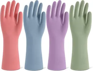 Rubber Gloves for Dishwashing, 4 Pairs of Reusable Kitchen Gloves for Washing Dishes and Household Cleaning, Colorful Dish Gloves with Flocked Lining and Non-Slip Grip, Pefect for Woman Men - M