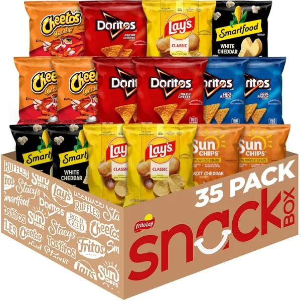 Snack Pack Variety Box - 35 Classic Crisps & Puffed Snacks, Halal, Individually Wrapped Single Serve, Ambient Camping Essentials, 1 Count
