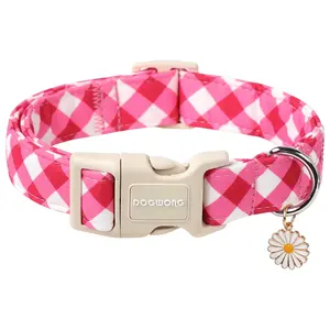 DOGWONG Summer Pink Plaid Dog Collar - Soft Cotton Material, Durable Plastic Buckle, Adjustable Fit for Small to Large Canines