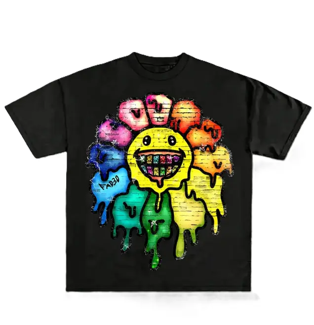 Drippy Smiley Flower Graphic Tee, Vibrant Street Art Design, Colorful Drip Effect, Unisex Menswear Womenswear Shirt, Trendy Graffiti Style Apparel