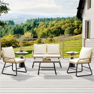 Yaheetech 4-Piece Patio Furniture Conversation Set, Outdoor Wicker Rattan Boho Table & Loveseat & 2 Conversation Chairs with Cushions & Pillows for Balcony, Porch, Garden