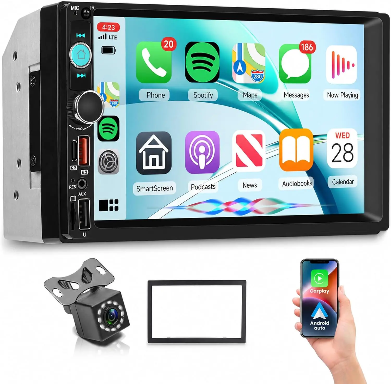 Double Din Car Stereo Wireless CarPlay & Android Auto, 7 Inch IPS Touchscreen Car Radio with Backup Camera, Bluetooth, FM, Mirror Link, TypeC USB Fast Charging, AUX/TF/SWC