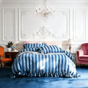 Romantic Striped Ruffle Bedding Set 3 Piece, Includes 1 Duvet Cover and 2 Pillowcases, No Inserts Soft Comfortable Bedding, Perfect Valentine's Day Gift