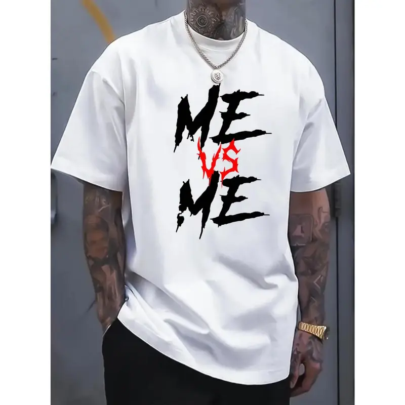 [Sale Up To 60%] Printed T-Shirt 'ME VS ME' Men's Summer Casual Short Sleeve Round Neck Loose Fit Cotton Top Menswear Geometric Pattern Funny T-shirt