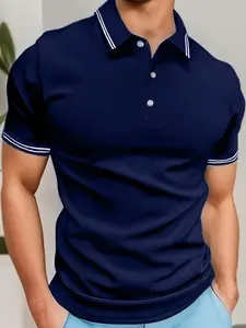 Men's Summer Slim Fit Polo Shirt, Striped Collar Short Sleeve, Casual Business Commute Tee, Breathable Quick Dry Top
