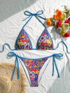 Women's Sexy Plus Size Boho Bikini Set, Floral Bikini Top, Digital Print, Fitted Design, Regular Length, All Seasons Casual Wear