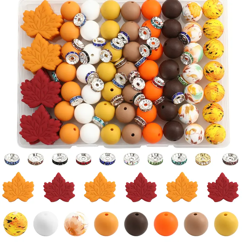 100 pieces of silicone beads with autumn maple leaf elements. Autumn-themed silicone beads and round beads set.