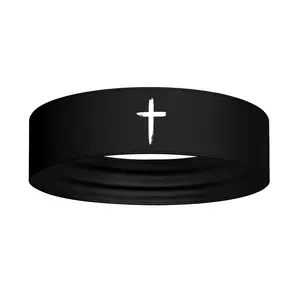 Black White Distressed Cross Stretch Headband - Christian Jesus Faith God Workout Sweatband Football Basketball Soccer Running Baseball Softball Weightlifting Wrestling Athletic Fitness Accessories Bible Verse Head Band Sweat Band Bandana