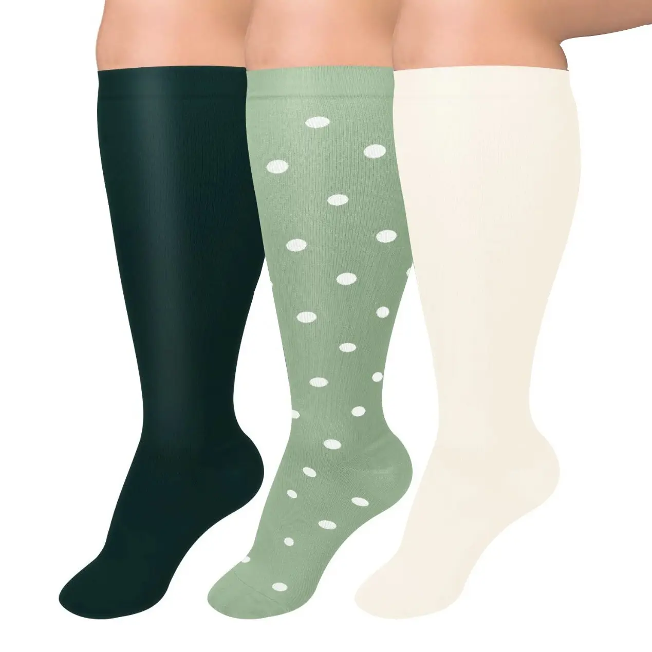 Plus Size Compression Socks for Women, 3 Pairs All Season Nylon Wide Calf with Mild Support for Nursing, Travel & Hiking, Solid & Polka Dot, Stockings, Compression Stockings, Athletic, 2Xl, Outfits, Combination 5, Casual, Running Exercise, Compression Soc