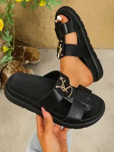 Women's Metal Buckle Thick Sole Slippers, Versatile Outdoor Soft Bottom Anti-Slip One-Strap Sandals, Comfortable Open-Toe Shoes, Beach Slippers