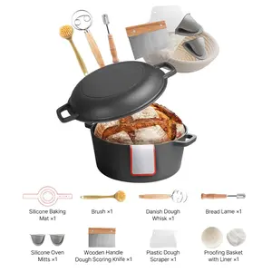 5QT Cast Iron Dutch Oven & Skillet Lid - Pre-Seasoned Cookware with Bread Proofing Basket for Perfect Homemade Breads Bread Baking Kit - Complete Sourdough Supplies Set - Proofing Basket & Lame
