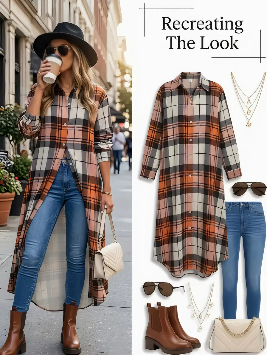 Women's Tartan Plaid Long Line Duster Shirt Coat, Lapel Collar, FullButton Front, Long Sleeve, Curved Hem Oversized Open Front MaxiLength Layering Shacket Cardigan for Casual Streetwear