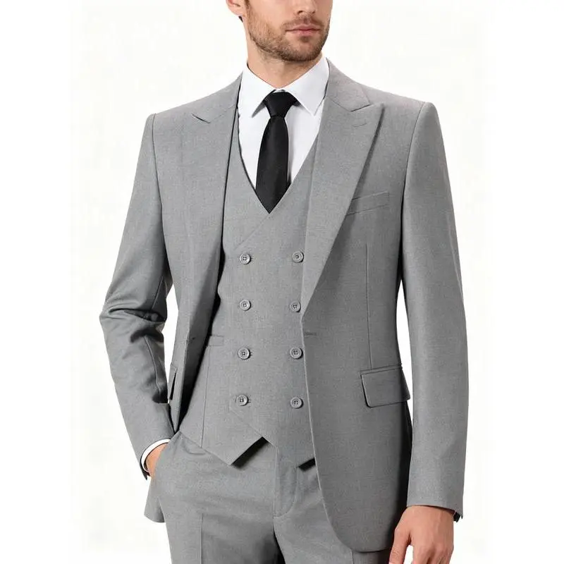 Men's 3-Piece Slim Fit Double-Breasted V-Neck Button Blazer Suit Set - Formal Wear, Plain Long-Sleeve Top, Matching Trouser, Soft Premium Tailored Fabric, Tie, Lapel Pin, Pocket Square for Wedding, Business