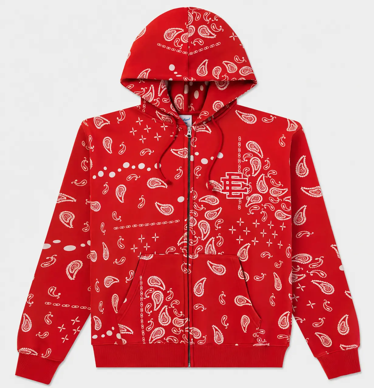 Eric Emananel, EE Paisley Zip Hoodie, Full Zip Hoodie, Bandana Print Hoodie, Unisex Streetwear, Fleece Jacket