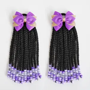 braid hair extension Ponytail Extensions with Beads and Bows, Stylish Box Braids Beautiful Hair Accessories Party Birthday Gifts for Girls-Purple Synthetic clip hair extensions
