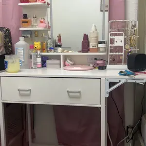 Makeup Vanity Desk with Mirror and Lights, Small Makeup Vanity with Fabric Storage Drawer & Chair & Shelves, White Vanity with Fold-up Panel and Power Outlet for Bedroom
