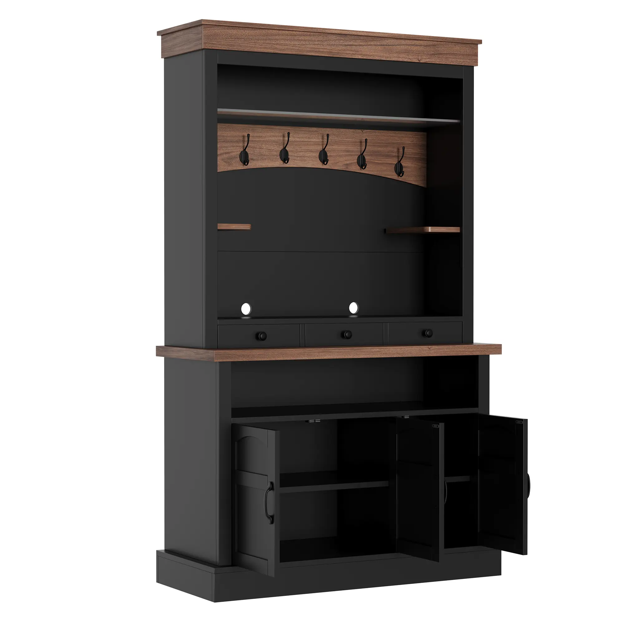 72 Inch Tall Coffee Bar Cabinet, Farmhouse Coffee Nook Station with Led Lights, 6 Hooks, Drawers and Cabinets, Kitchen Hutch Cabinet Buffet Cabinet for Dining Room, Black