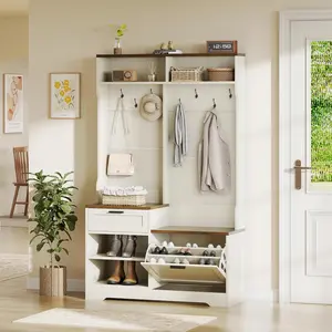 AesthLife Modern Hall Tree with Bench Shoe Storage, Entryway Organizer Wooden Coat Rack with 7 Hooks for Front Door