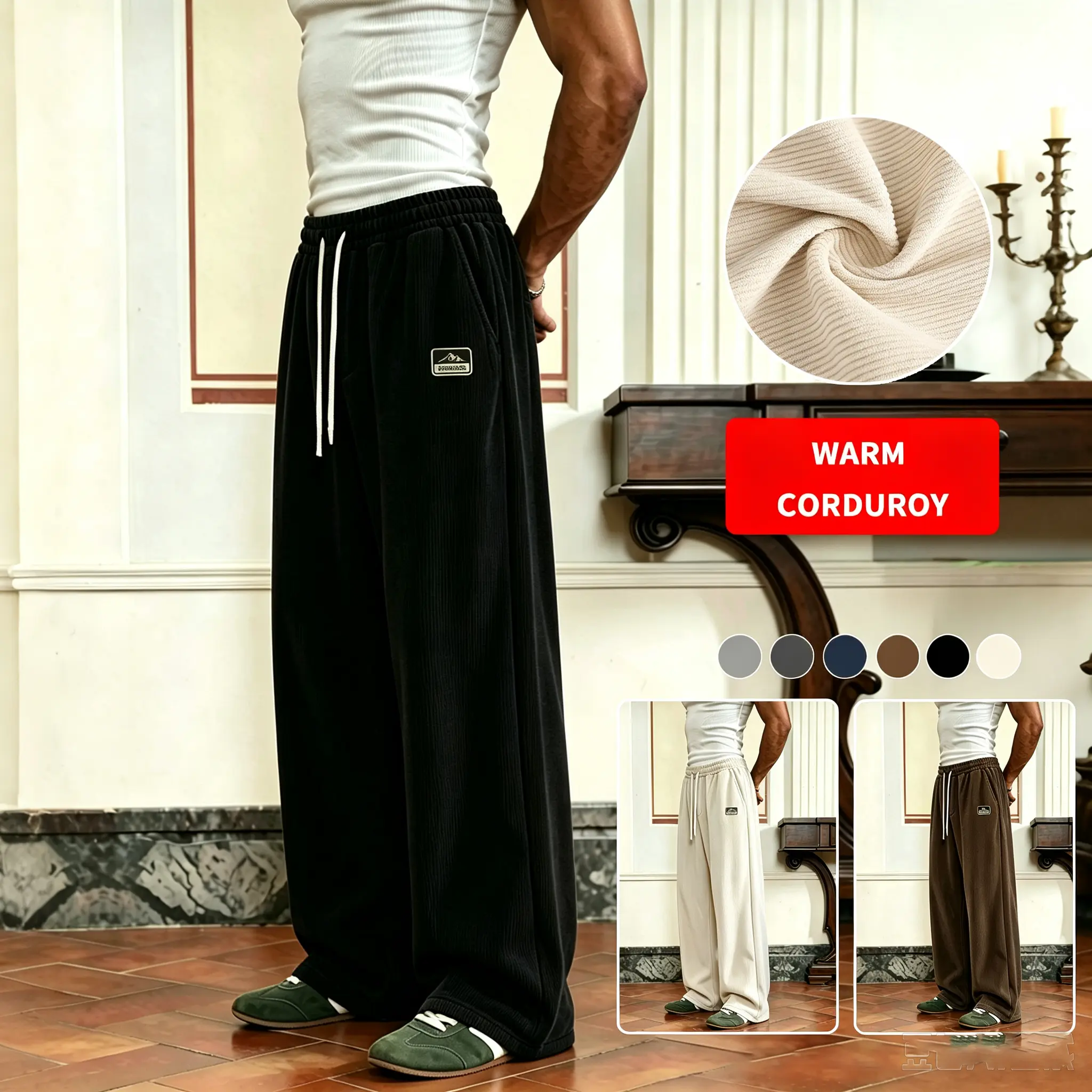 Men’s Soft Flannel Long Pants | Drawstring Elastic Waist, Loose Wide-Leg Fit | Autumn/Winter Best-Selling Bottoms | Suitable for city walks and casual dates | Retro street style   autumn casual pant