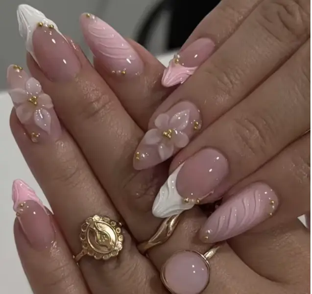 24PCS Pink Almond Press on Nails Full Cover Carved Flower 3D Ripples French Fake Nails  with Golden Pearl Wearable Nail kid