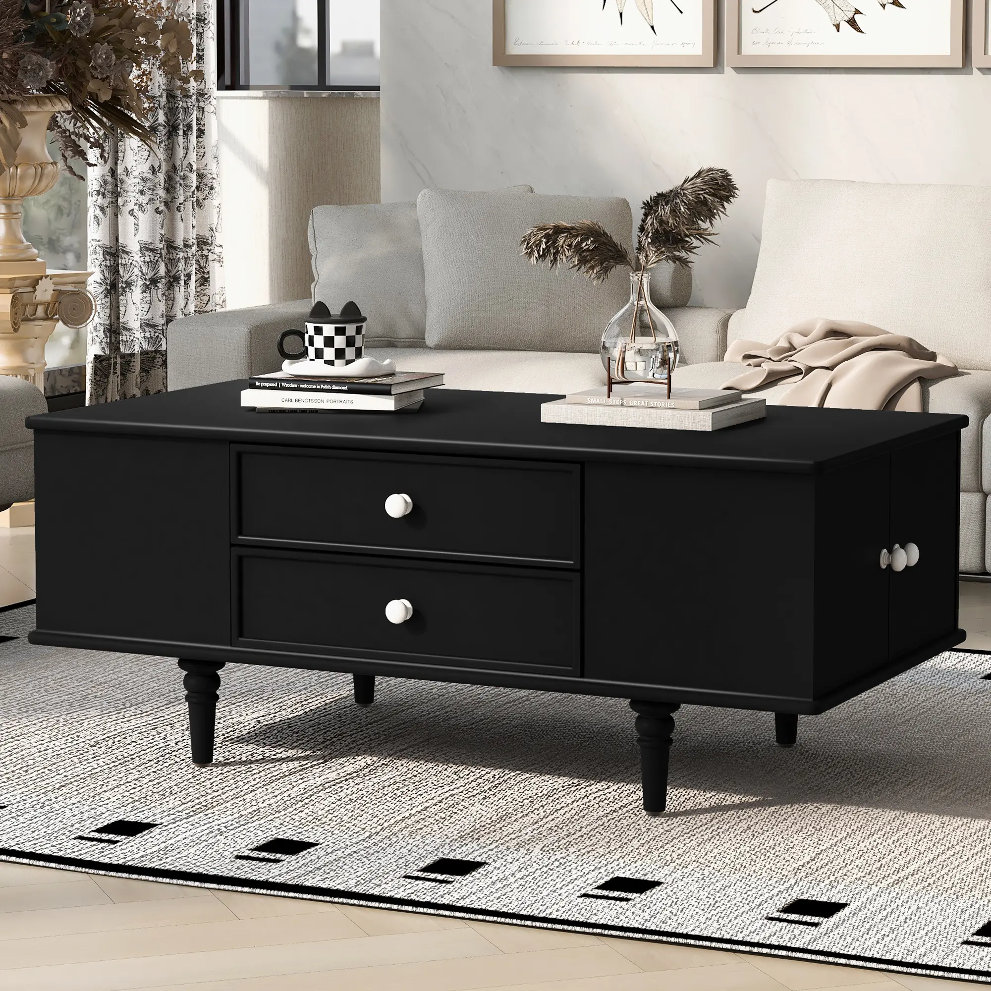 47.2-Inch Modern Wooden Coffee Table - Rectangular Living Room Center Cocktail Table with Solid Wood Legs, Hidden Storage Cabinets and Drawers