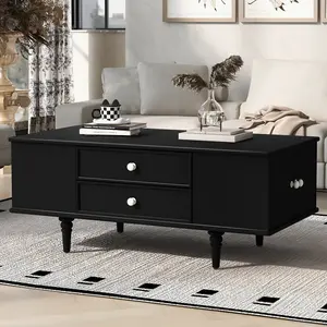 47.2-Inch Modern Wooden Coffee Table - Rectangular Living Room Center Cocktail Table with Solid Wood Legs, Hidden Storage Cabinets and Drawers