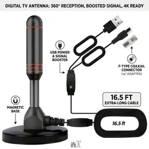 Ultra HD Digital TV Antenna Indoor HDTV Antenna with 5m Cable, USB Powered Indoor Signal Booster for Smart TVs Only, High-Definition Reception
