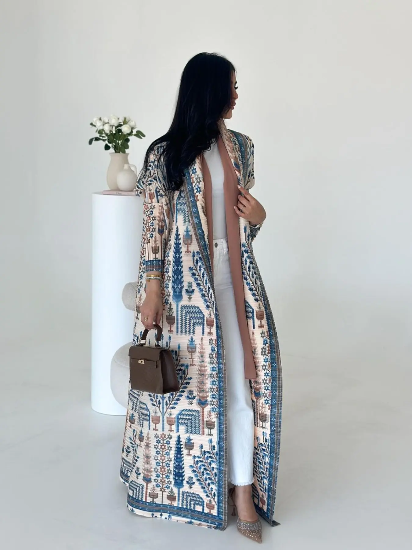 Miyake Women's Muslim Abaya Elegant Islamic Clothing Long Robe Jacket Coat Loose Fit Ethnic Style Pleated Accents Belted Feature Design Abayas for Eid All Season Fashion Essential Ethnic Patterns for Women