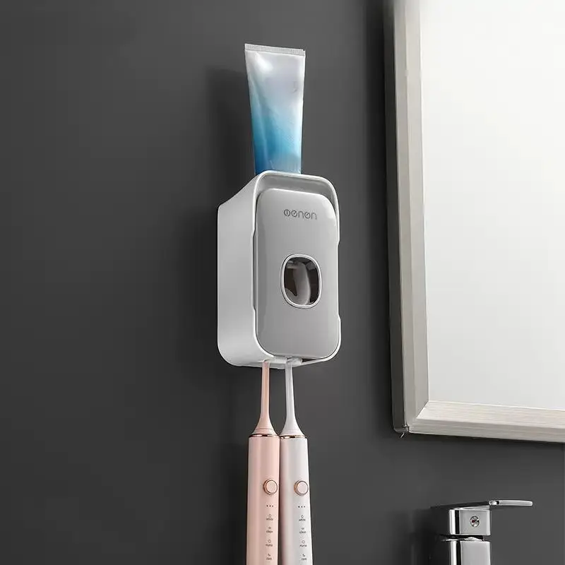 2 in 1 Toothbrush Holder & Toothpaste Dispenser, 1 Count Punch Free Wall Mounted Toothbrush Holder & Toothpaste Dispenser, Bathroom Supplies