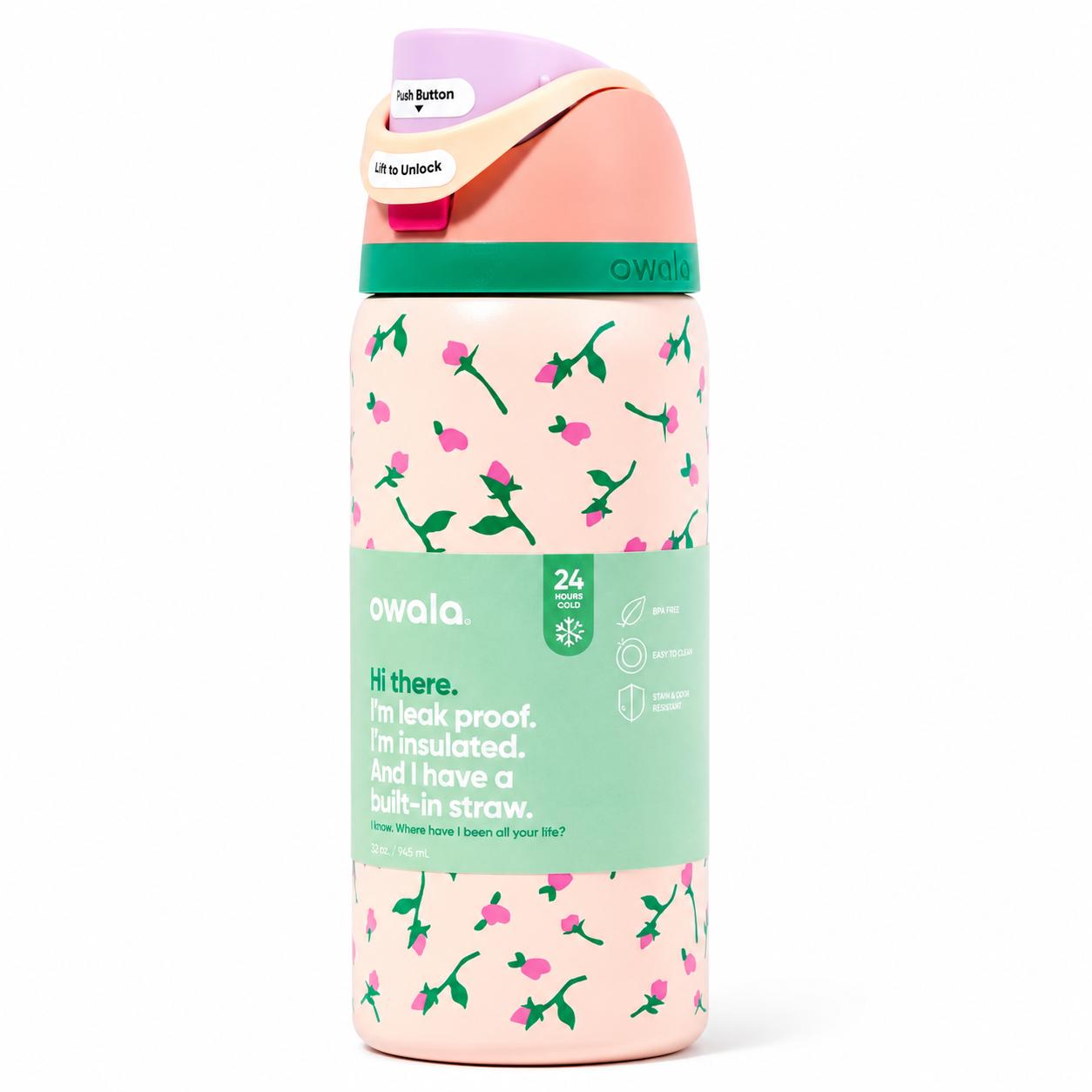 Owala 32oz Insulated Floral Print Retro Look Tea Strainer Water Bottle with Straw - Leakproof, Portable, Women's Single Bottle Drinkware for Gym, Travel