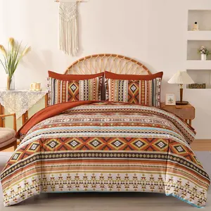 Queen Size Comforter Set Boho,Burnt Orange Bed in a Bag Queen Striped Bedding Sets Terracotta Comforters with Sheets 7 Pieces Complete Set Aztec for All Season 90"x90"