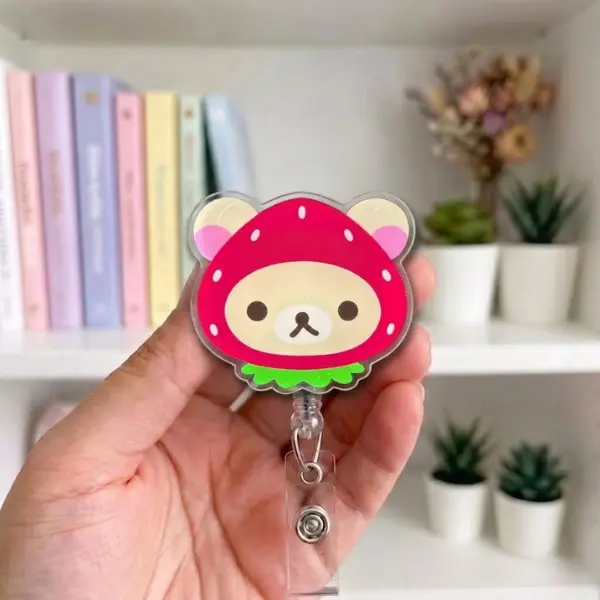 Cute Bear Bagde Reel Strawberry, Peach Bagde Reel Kawaii Bagde Reel, Accessory, Holder, Charm, Kindle Stand