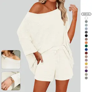 Imily Bela Women's 2 Piece Outfits Sweater Sets Off Shoulder Knit Top Shorts Matching Suits Cute Pajama Lounge Set