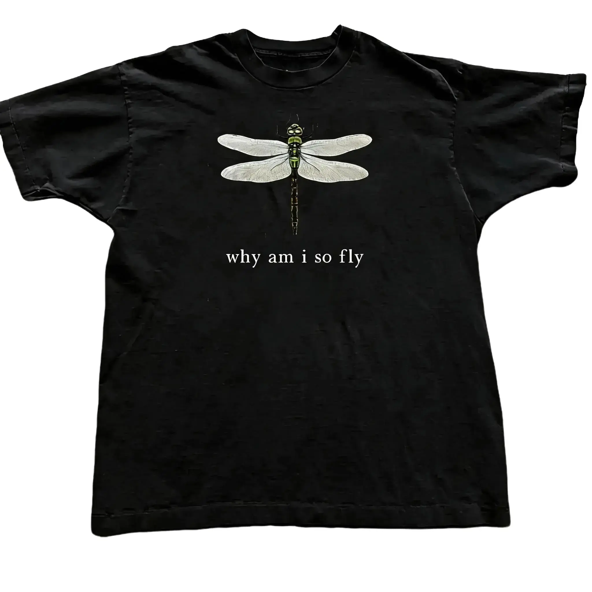 Y2K Vintage Wash "Why Am I So Fly" Dragonfly Graphic Tee - 100% Cotton