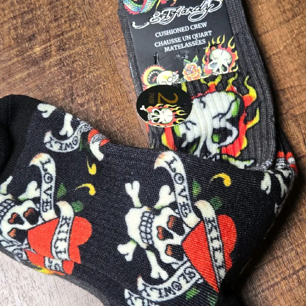 Ed Hardy Men's Socks 2 Pair Cushioned Crew Multicolor Size 6-12