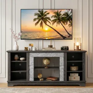 Eyisean 58" Modern TV Stand with Realistic Stacked Stone Surround, Entertainment Center with Large Storage Space, Wood Media Console Table for TVs Up to 65", Rack for Living Room, Apartment Furniture