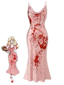 PINK 1930S CARRIE HALLOWEEN BLOOD FISHTAIL DRESS Formal Fit Polyester Women Medium Print