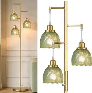 Dimmable Gold Floor Lamps for Living Room, Vintage Tree Standing Lamp with Glass Shades, 3 Light Mid Century Flower Floor Lamps for Bedroom, Office, 6W, Brushed Gold & Green Shades