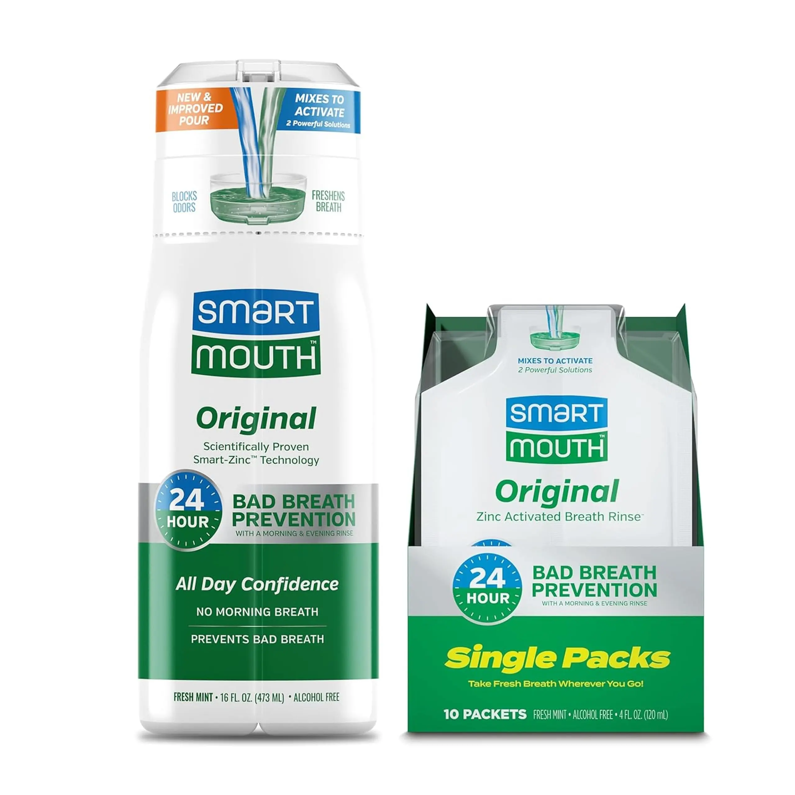 SmartMouth Original Zinc Activated Mouthwash & Single Packs - Instant Fresh Breath Mouthwash - Eliminates Bad Odors & Bad Breath - Alcohol-Free - Fresh Mint - 16 fl oz Bottle & 10 Count Single Packs
