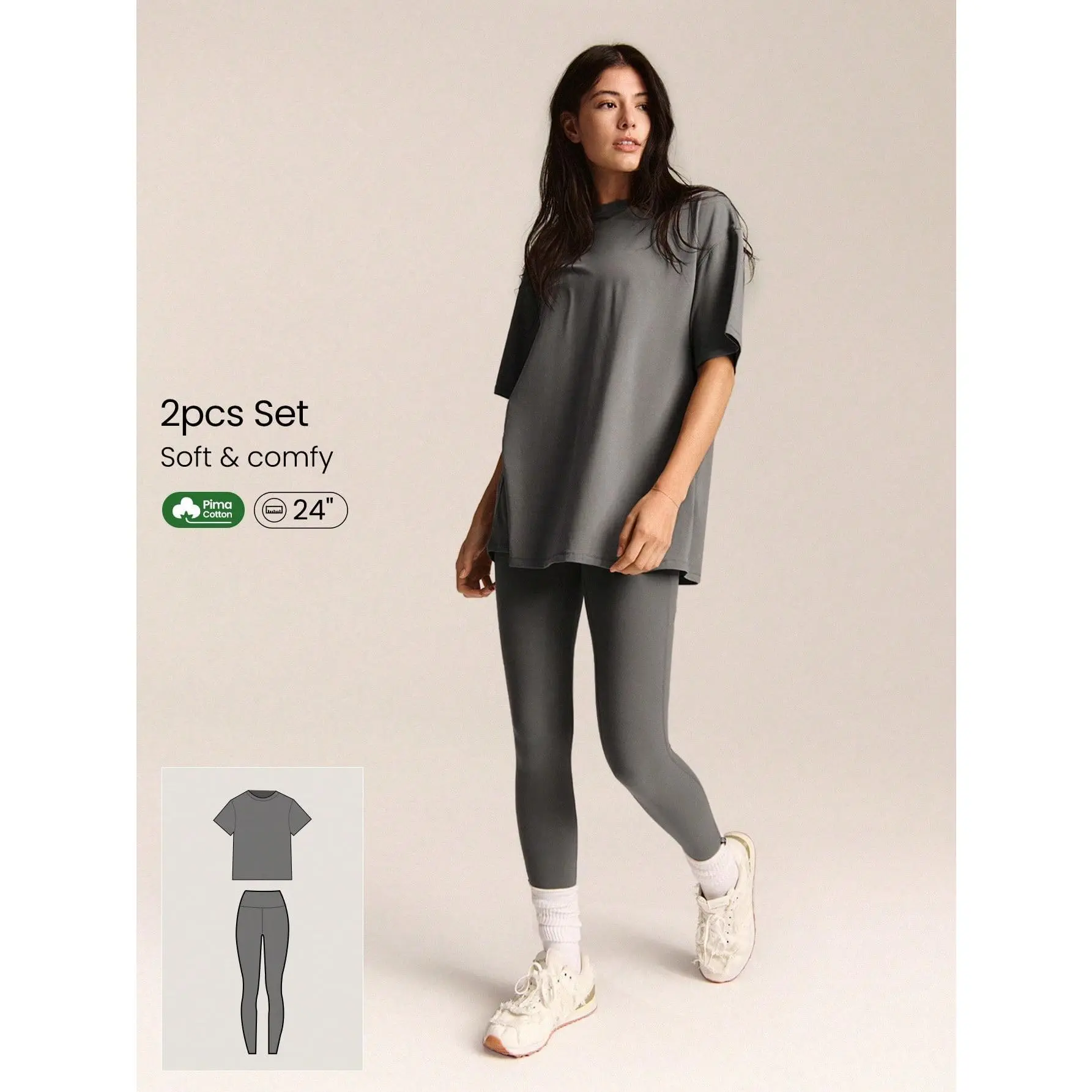 GLOWMODE 2pcs Pima Cotton Hip Length Tee & 24'' FeatherFit Leggings Set With Side Pockets Low Impact Yoga Daily