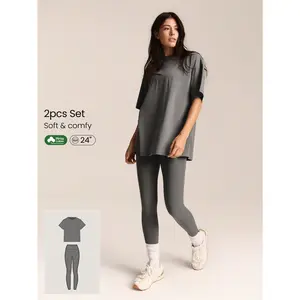 GLOWMODE 2pcs Pima Cotton Hip Length Tee & 24'' FeatherFit Leggings Set With Side Pockets Low Impact Yoga Daily