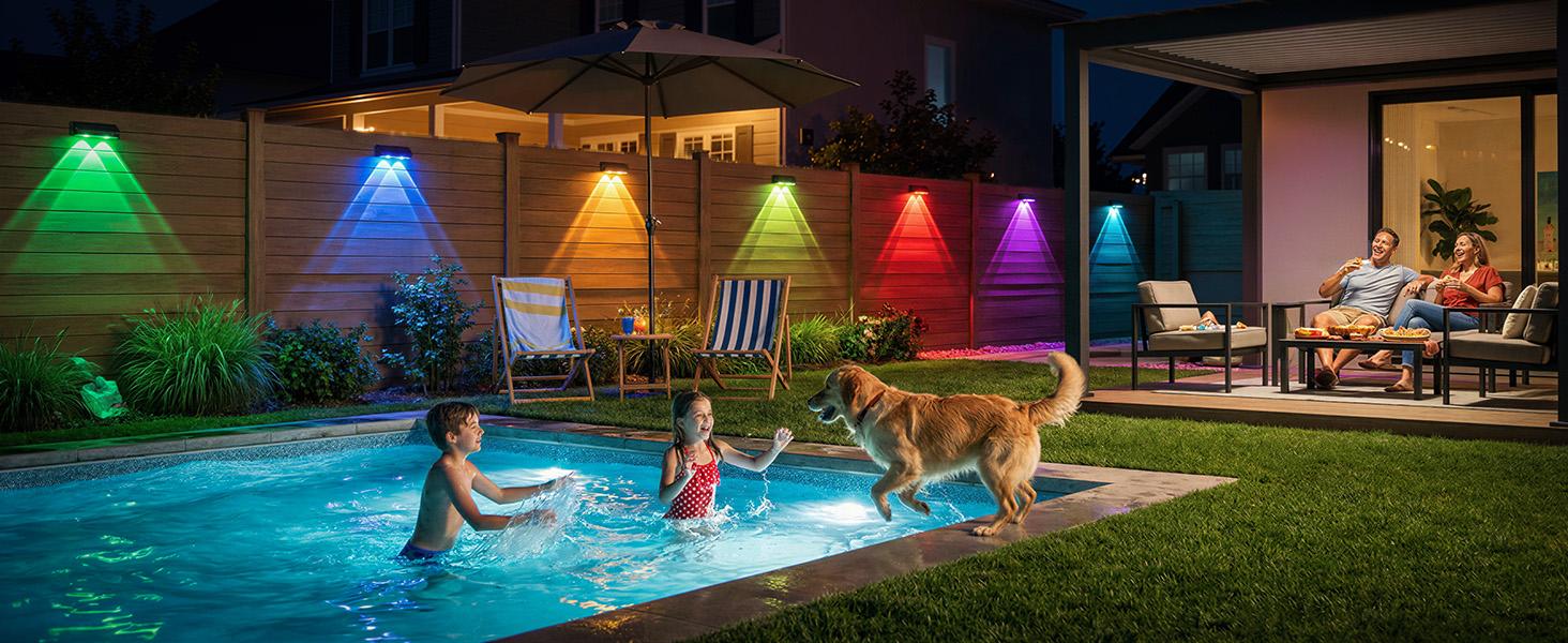 Brightown Solar Lights Outdoor Waterproof, Color Changing Solar Fence Deck Step Flood Lights, Warm White & RGBCW 11 Color, IP65 Waterproof Garden Lights for Outside Backyard