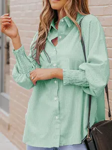 Women's Striped Print Shirt, Blouse, Casual Curved Hem Long Sleeve Collared Fitted Top Fit for Spring, Women's Clothing for Daily Wear Aesthetic, Womenswear, Boho Casual Wear