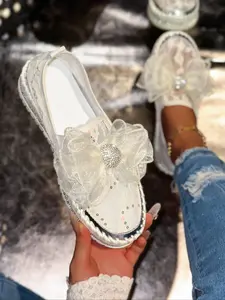 Women's Fashionable Rhinestone Decorated Bow Mesh Sneakers, Elegant Thick Sole Heightened Casual Sports Shoes, Round Toe Low Top Design Shoes for Daily Wear, Girl