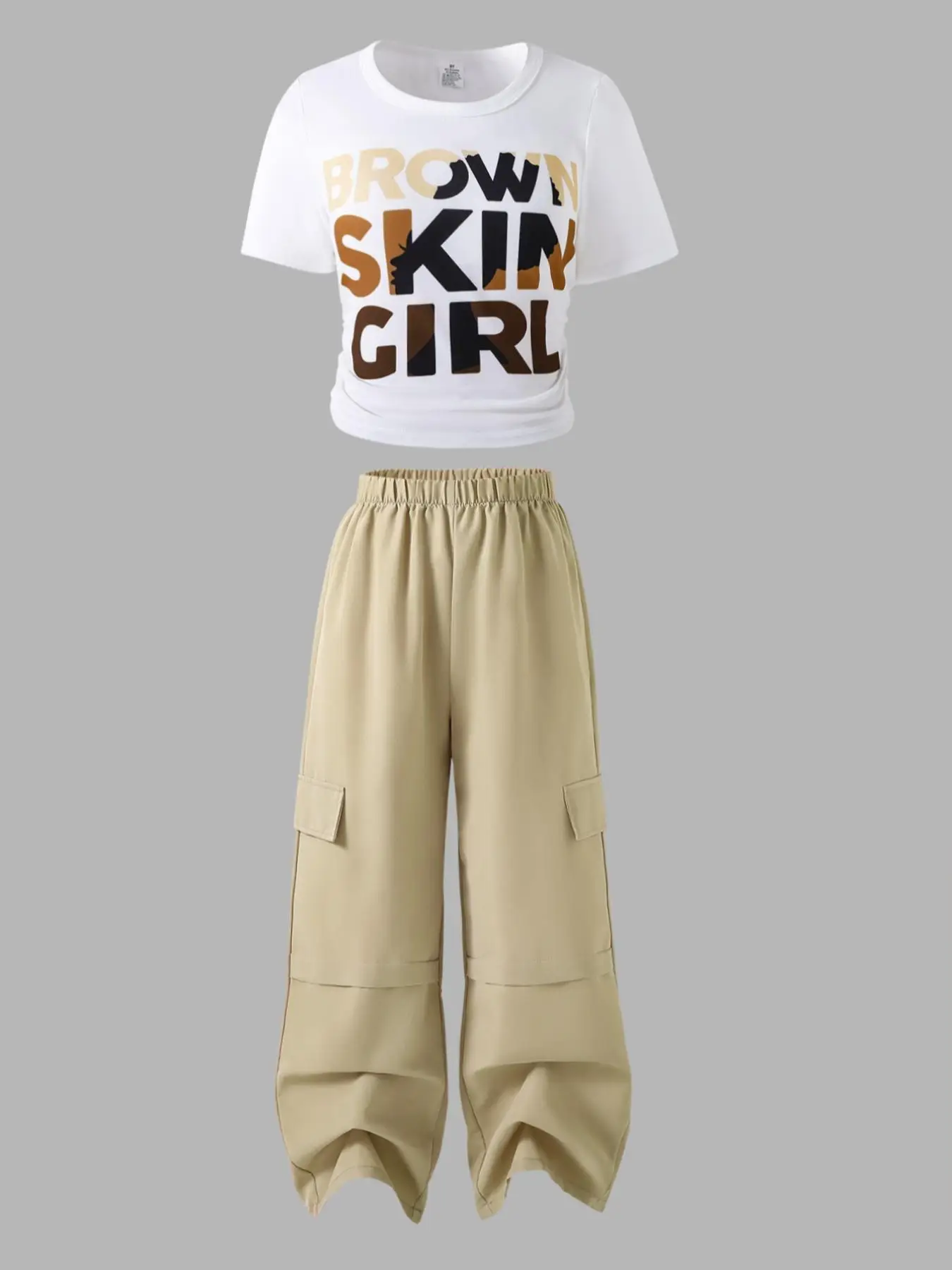 Girl's Letter Print Short Sleeve Tee & Cargo Pants Two-piece Set, Casual Round Neck T-shirt & Pocket Trousers for Summer, Kids Clothes for Daily Wear