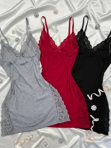 3 Pieces Set Mix Random Color Women's Contrast 3Packs Lace Bow Decor Cami Nightdress 3PCS Dresses Set in Grey Red & Black