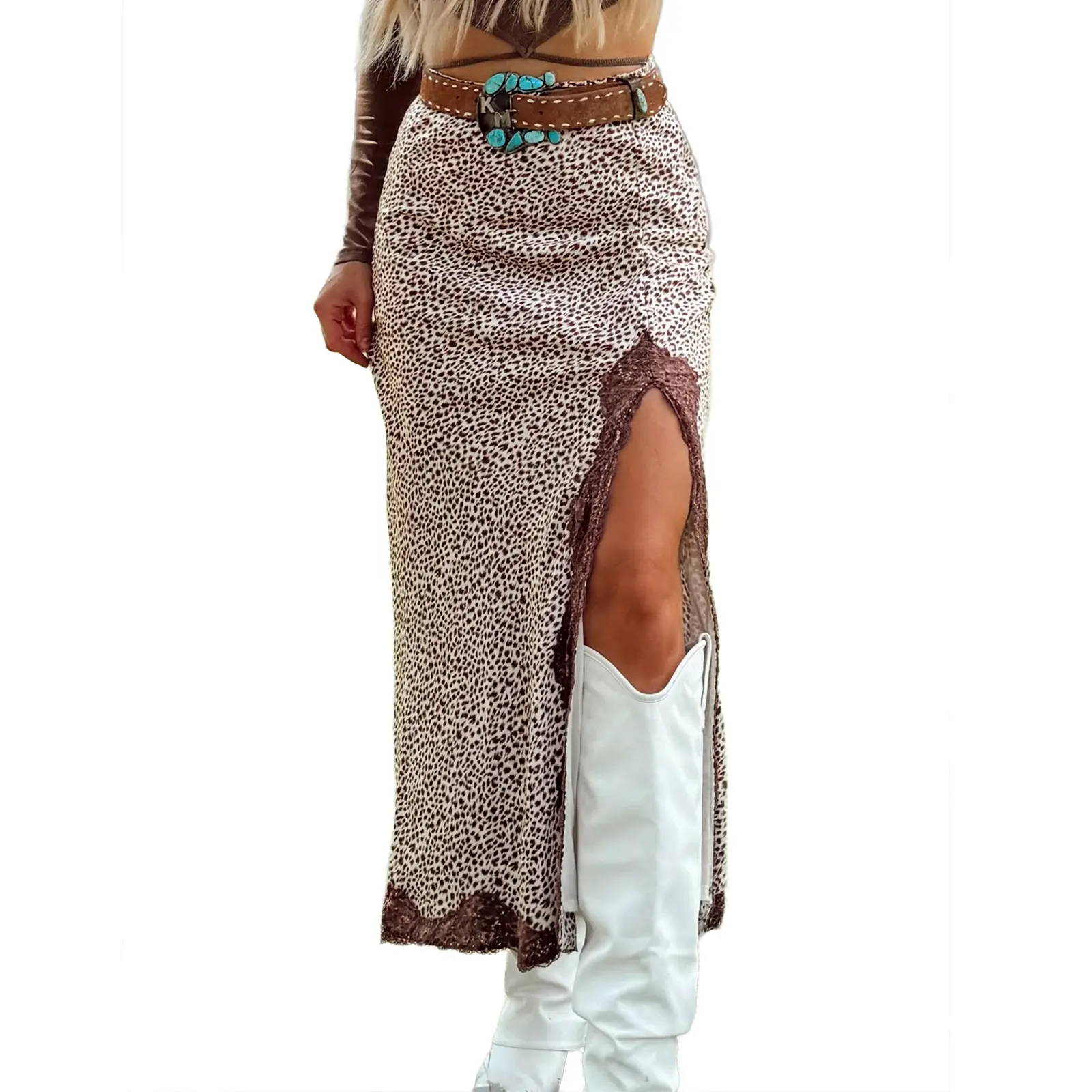 Hotapei Women Vintage Leopard Print Maxi Skirt High Waist Side Slit Contrast Lace Trim Midi Long Skirt Western Cowboy Style Slim Fit Casual Holiday Outdoor Outfit For Ladies