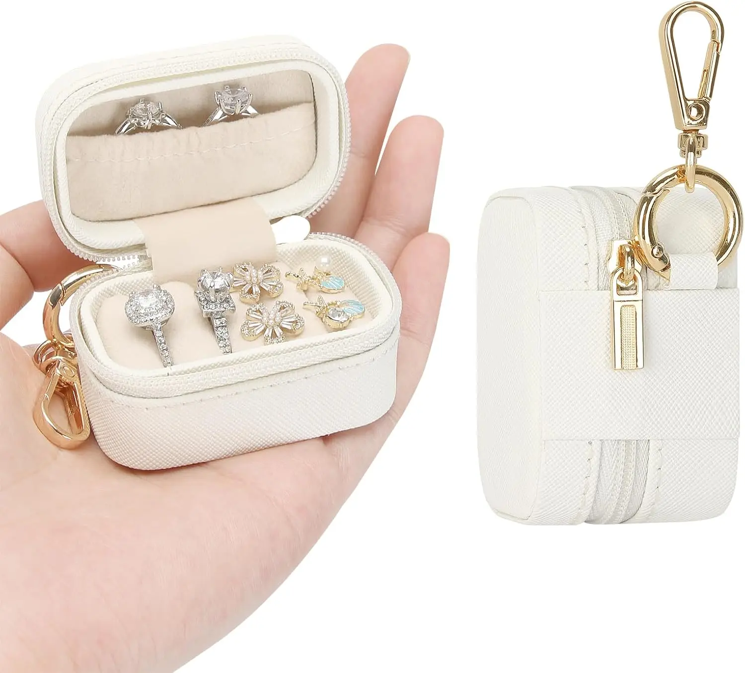 Portable White Jewelry Storage Organizer Box - Small Travel Stud Earring Box with Keychain, Mini Multi-Piece Wedding Ring Holder Case